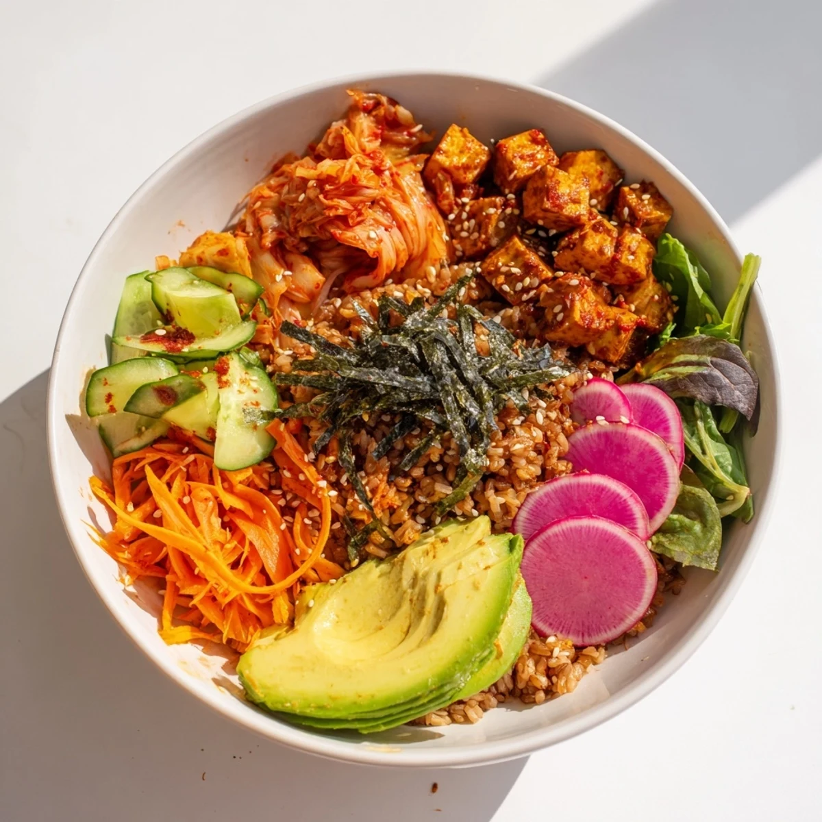 A vibrant fermented vegetable bowl topped with tangy kimchi and fresh greens.  