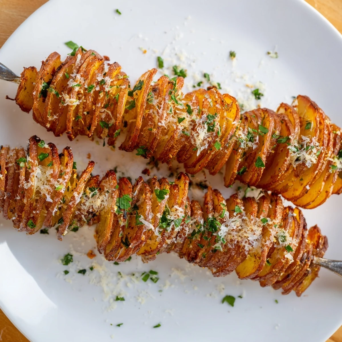 Crispy air-fryer tornado potatoes on skewers, seasoned with garlic and paprika.