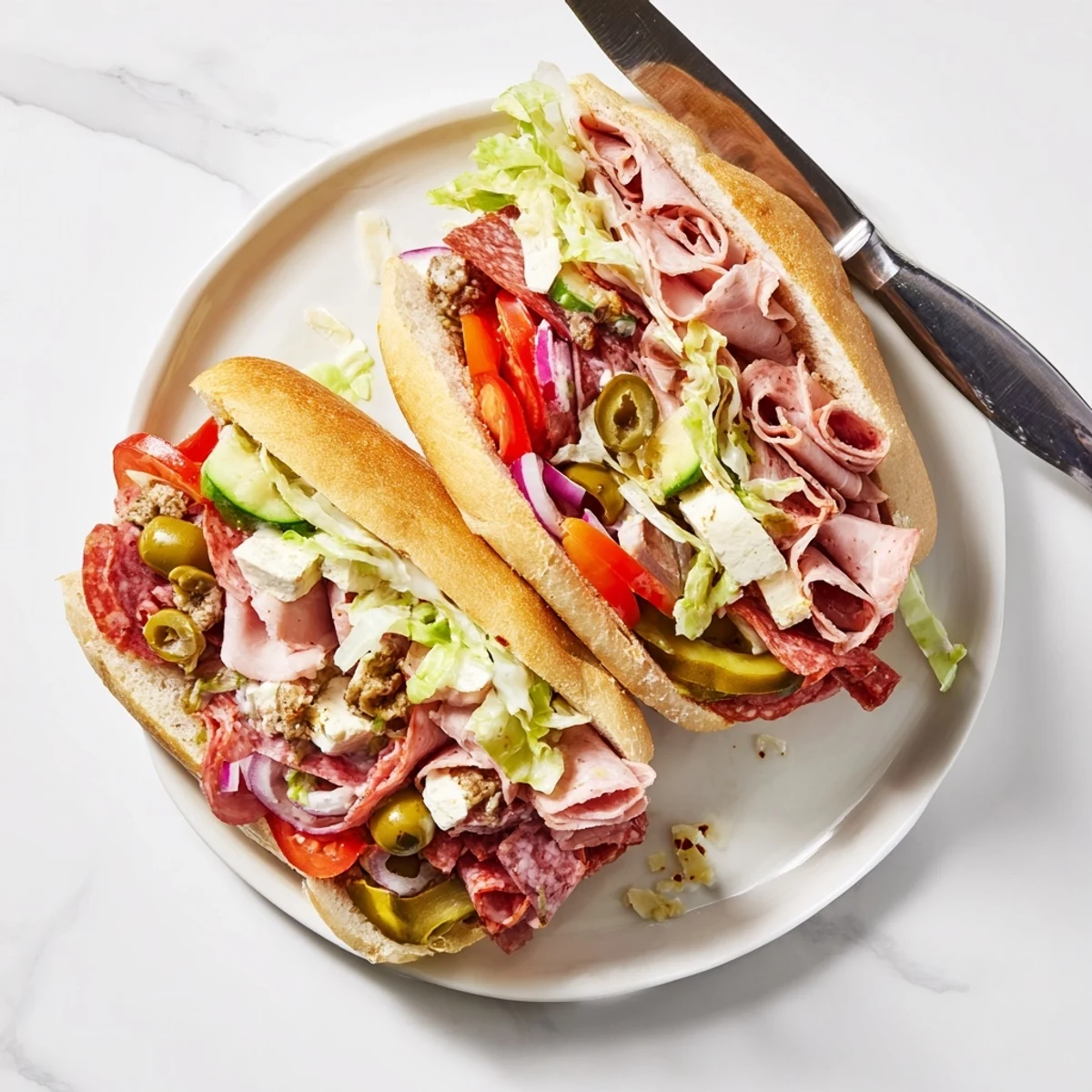 Vibrant flavor mash-up sandwiches featuring layers of Italian meats and crunchy vegetables.  