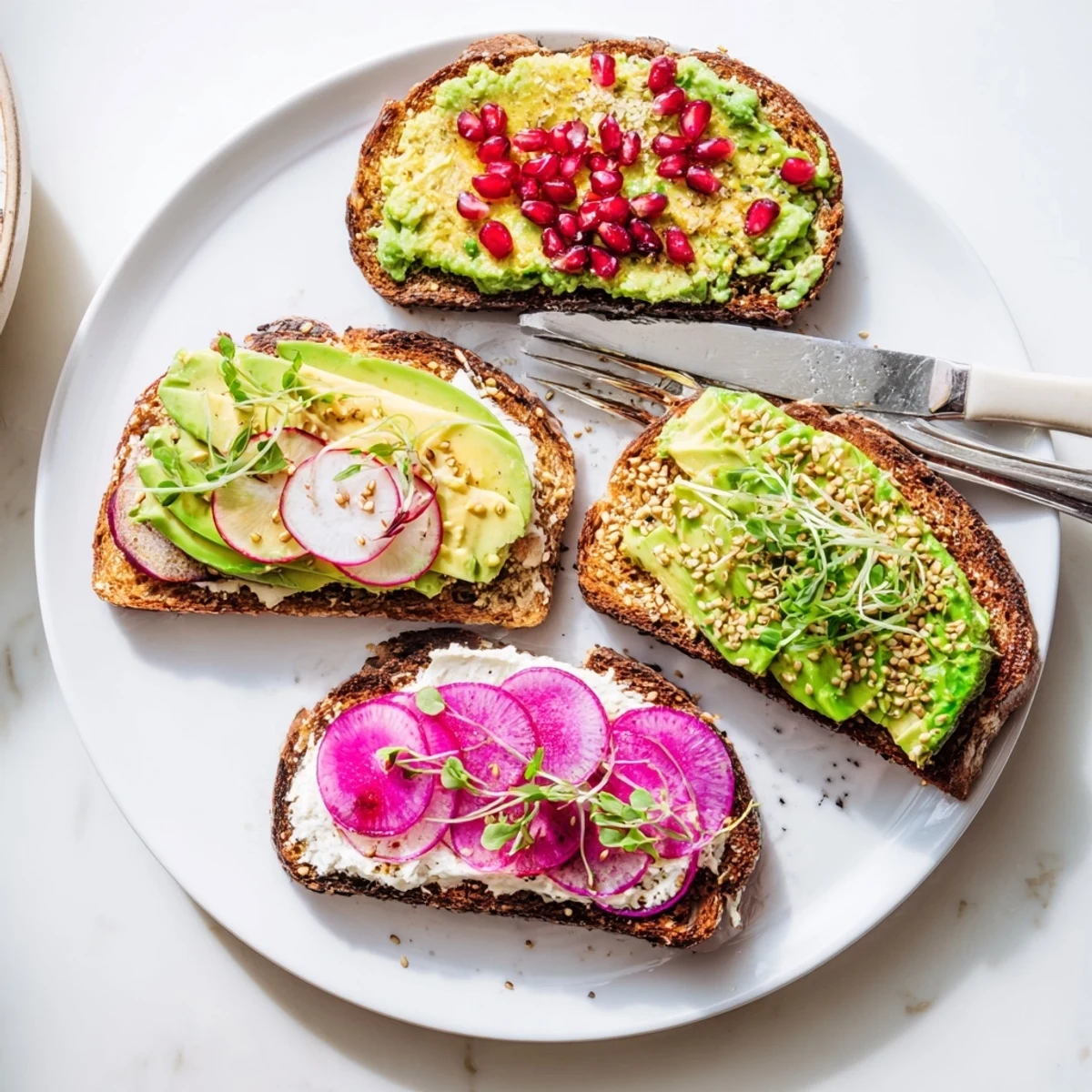 Colorful breakfast toasts featuring creamy ube spread and ripe avocado, perfect for mornings.  