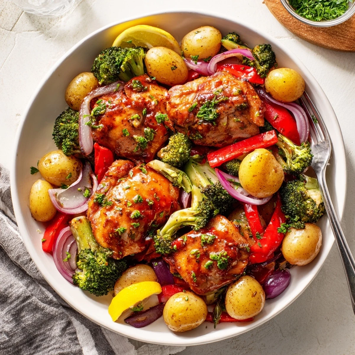 Flavorful Lazy Gourmet Chicken & Vegetable One-Pot served with vibrant lemon wedges.  