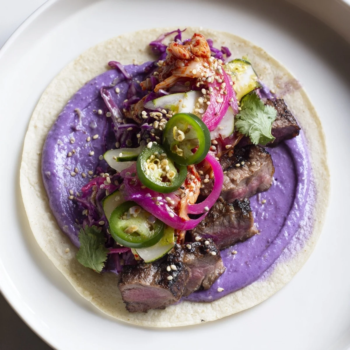 Flavor-packed Fusion Tacos showcasing tender beef sirloin with colorful toppings.  