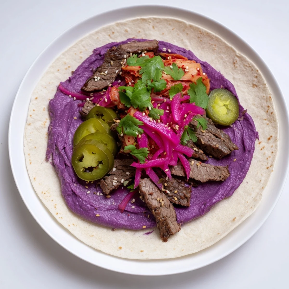 Savory Korean-inspired tacos with zesty jalapeños and creamy ube dressing.