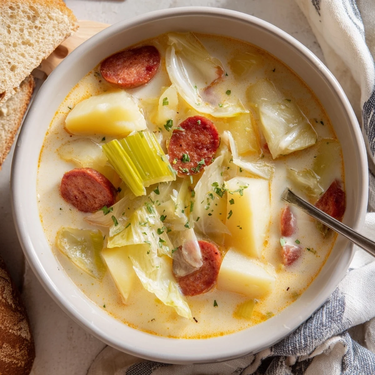 Creamy Potato, Leek & Chorizo soup garnished with parsley and crusty bread.  