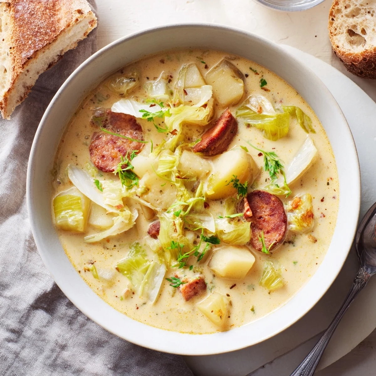 Hearty Potato, Leek & Chorizo soup simmering in a flavorful broth.  