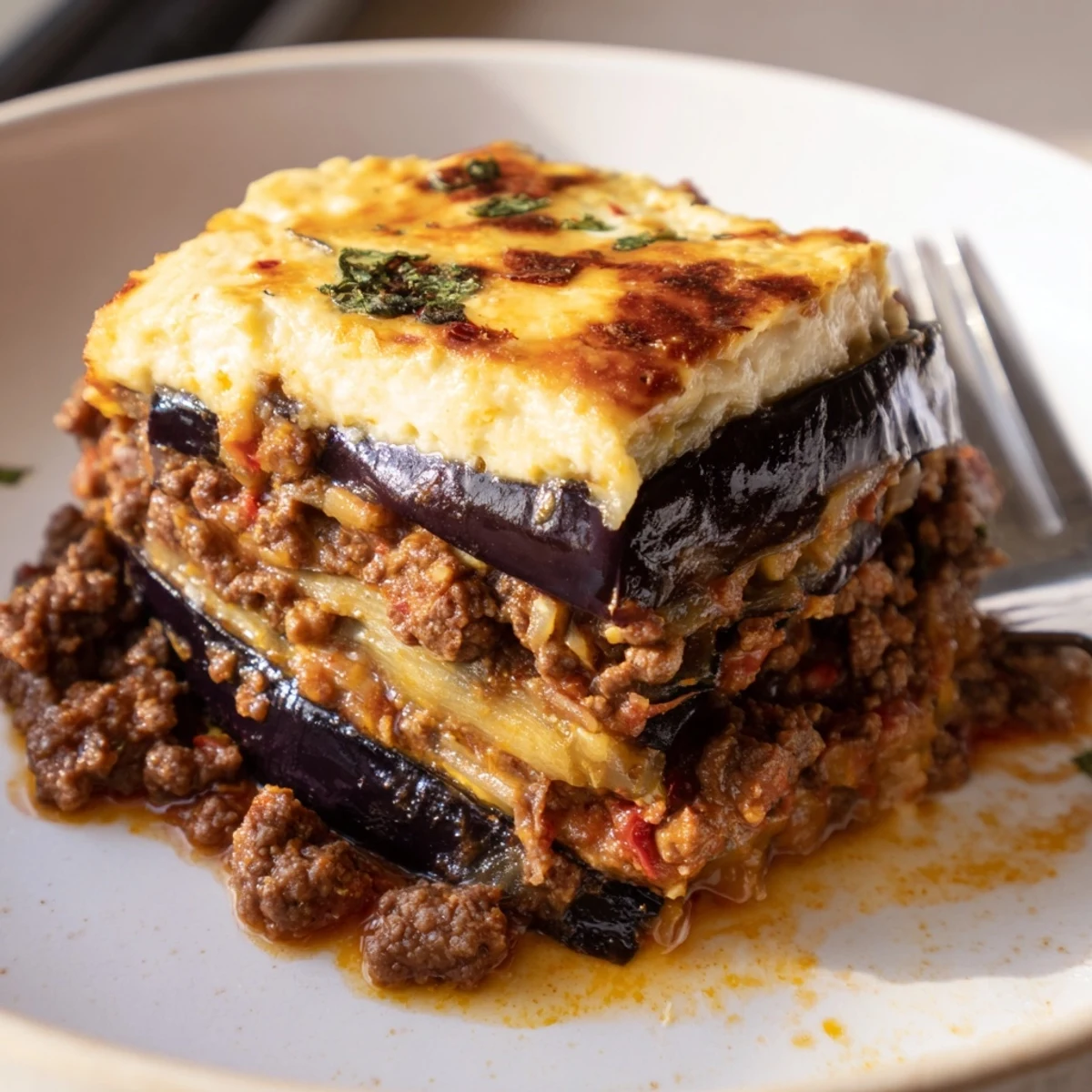 Layers of savory Moussaka with Beef & Eggplant topped with creamy béchamel sauce.  