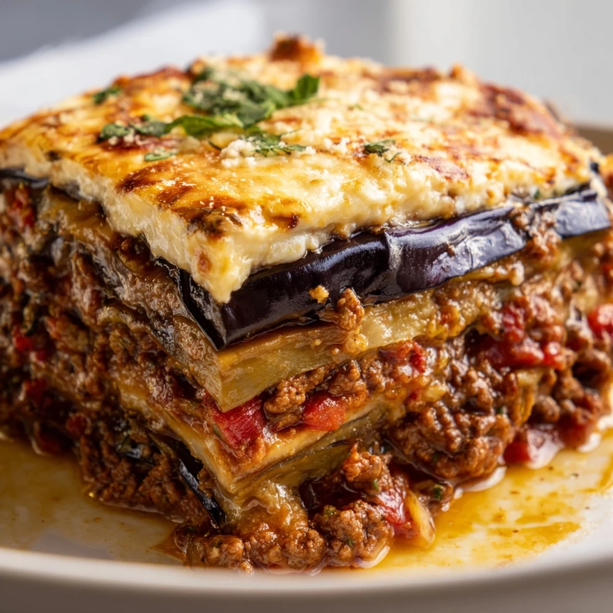 Golden-baked Moussaka with Beef & Eggplant, perfect for family dinner gatherings.  