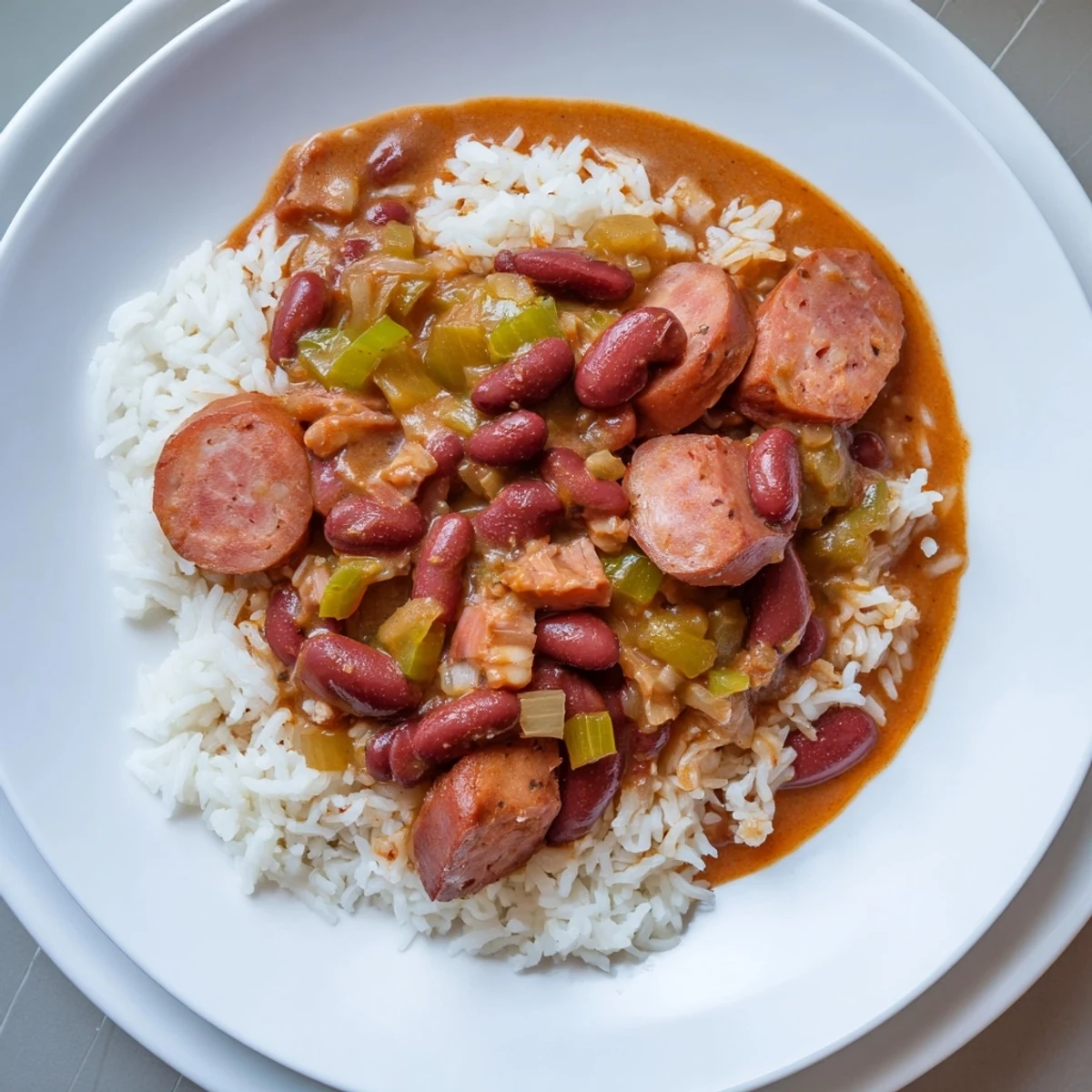 Steaming bowl of Red Beans & Rice, a Creole classic with sausage and fluffy white rice.