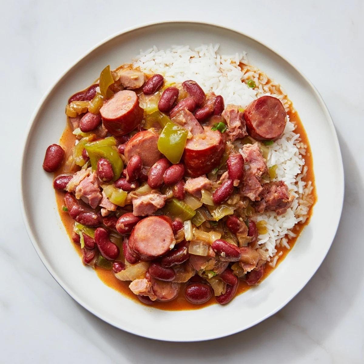 A close-up of hearty Red Beans & Rice, showing tender beans and flavorful, smoky sausage.