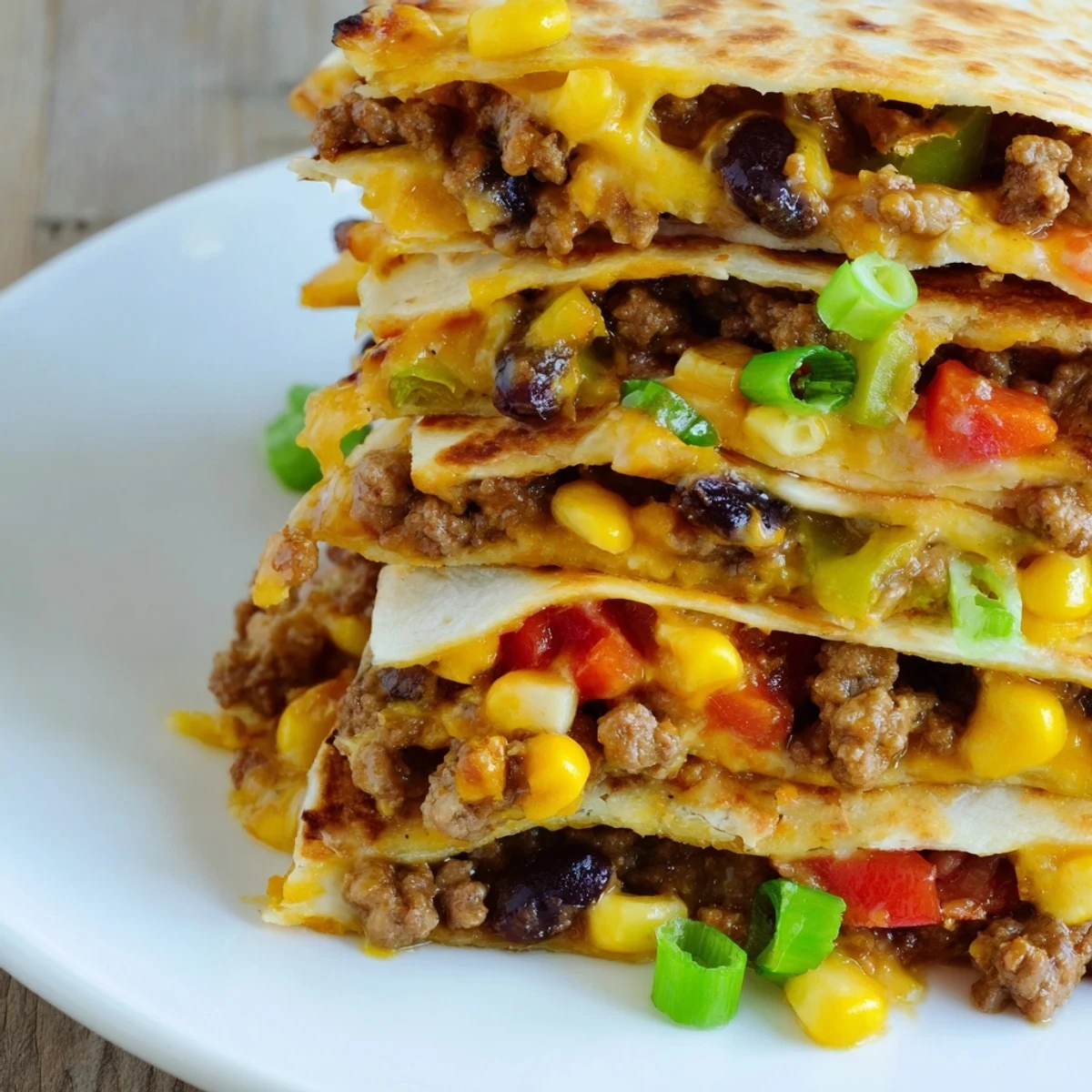 Golden sheet pan quesadillas filled with savory seasoned beef topped with melted cheese and fresh corn.