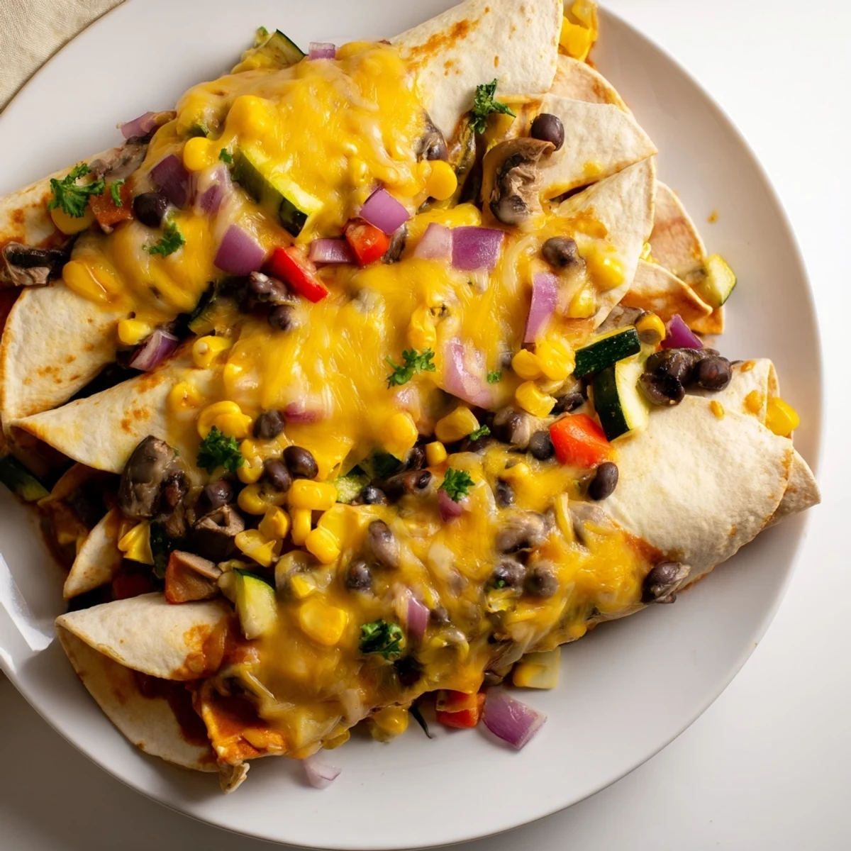 Steaming hot Farmers Market Vegetarian Enchiladas, filled with colorful vegetables, and covered in bubbly cheese.