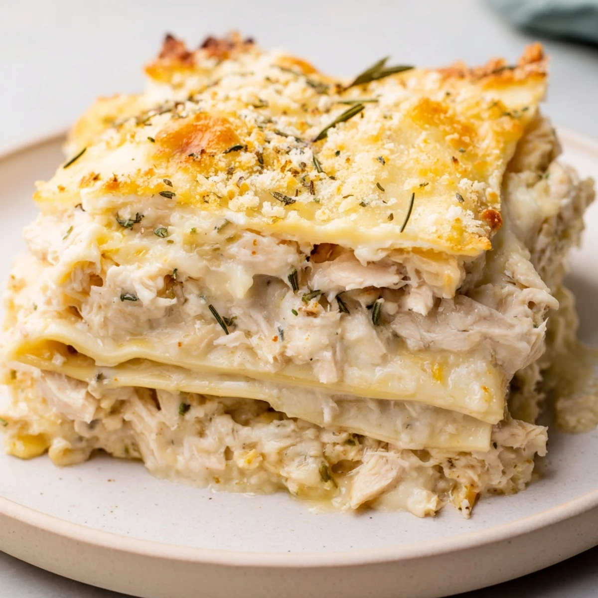 A close-up of a steaming, layered Rosemary Chicken Lasagna, filled with creamy textures.