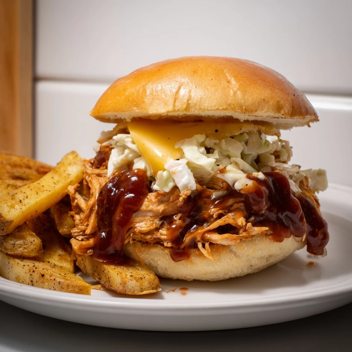 Melted cheddar tops warm BBQ Chicken Sliders; served with a side of perfectly seasoned, golden fries.