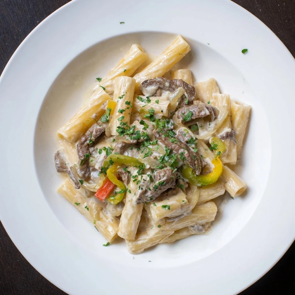 Delectable Philly cheese steak pasta loaded with tender beef and creamy melted cheese, ready to eat!