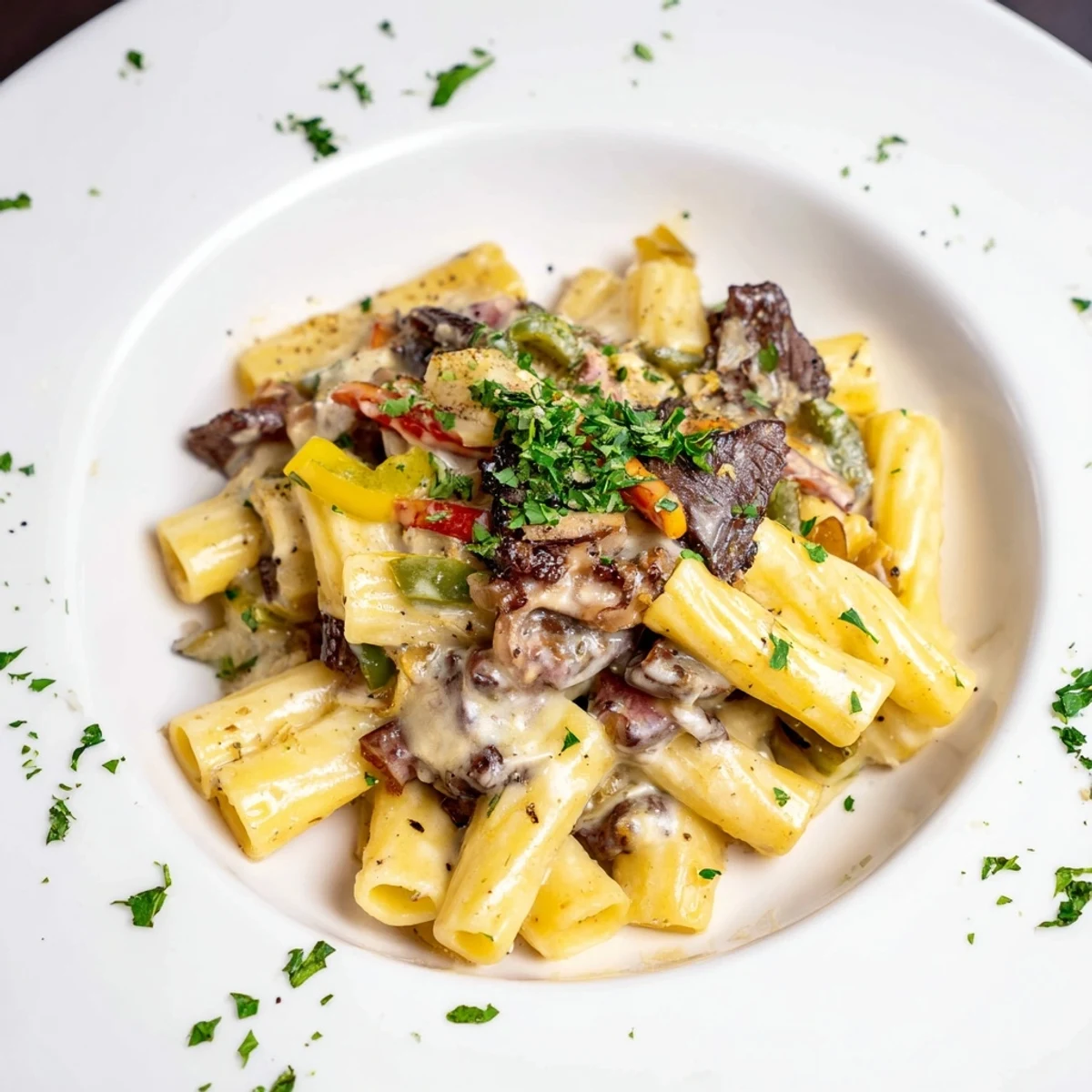 A steaming bowl of Philly cheese steak pasta, with the vibrant colors of peppers and onions.