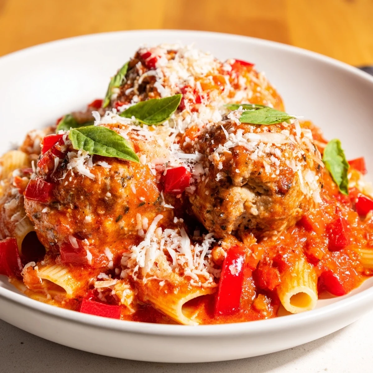 A close-up of steaming Italian Meatball Pasta Skillet, with melted mozzarella and fresh basil garnish.