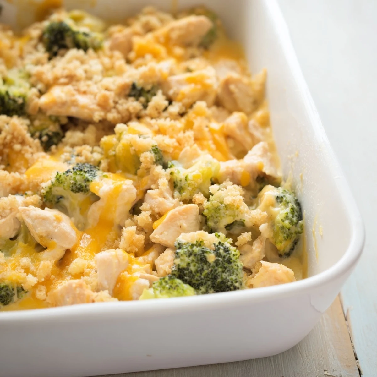A bubbling Chicken & Broccoli Cheddar Bake with a golden, cheesy, toasted breadcrumb topping.