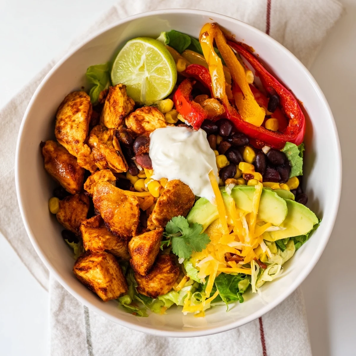 Enjoy a close-up of a delightful Sheet Pan Chicken Burrito Bowl, filled with fresh toppings.
