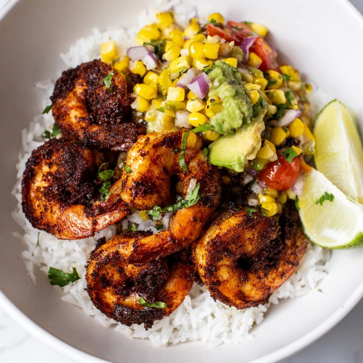Spicy blackened shrimp bowl glistening with avocado corn salsa, offering a taste of Southwestern flavors.