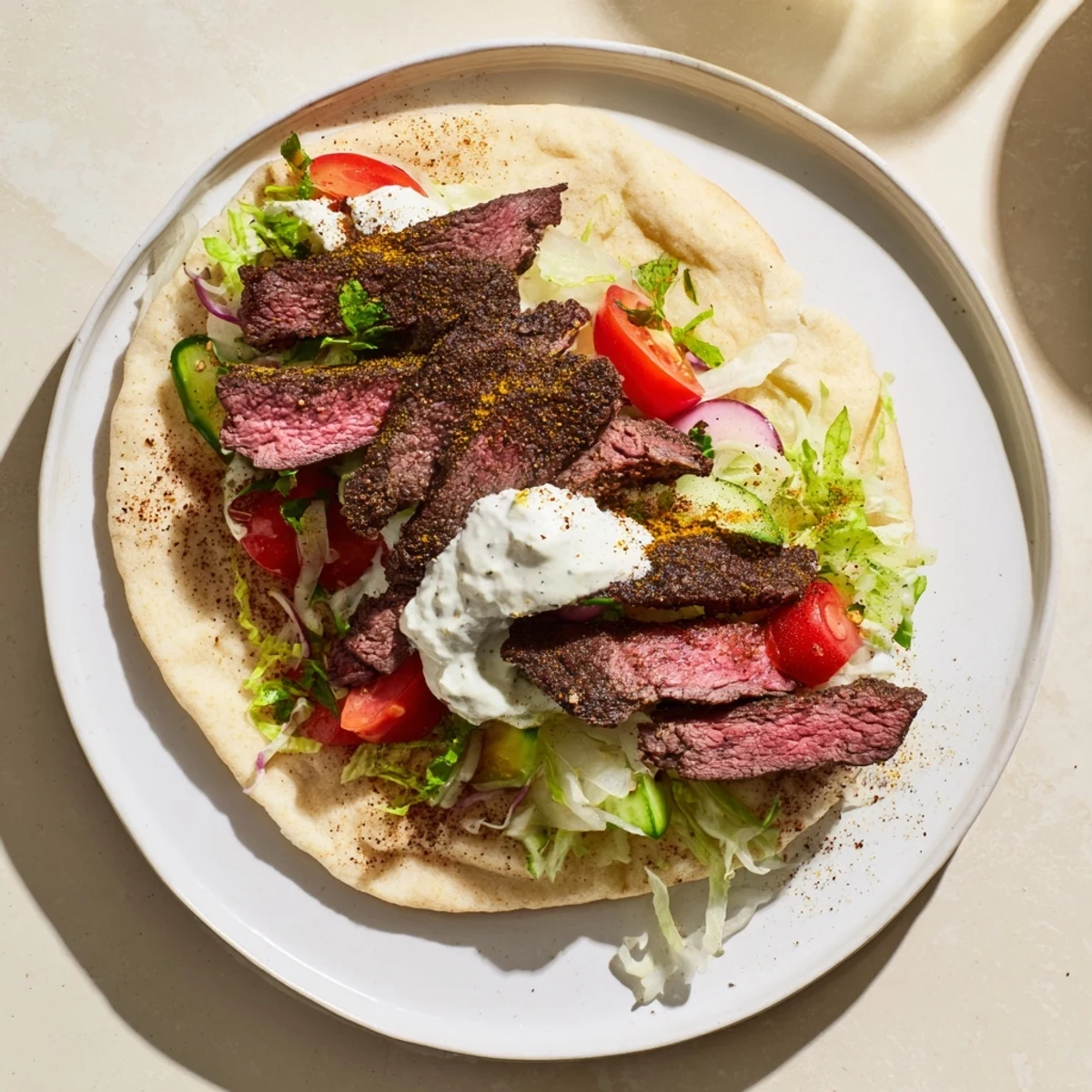 A close-up of delicious Beef Shawarma wraps, ready to eat, with colorful fresh vegetables inside.