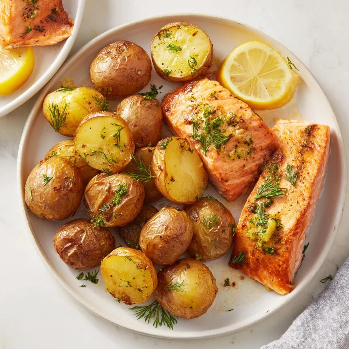 Juicy, pan-roasted Lemon Herb Salmon & Potato Sheet Pan with a bright lemon-herb flavor, ready to enjoy.