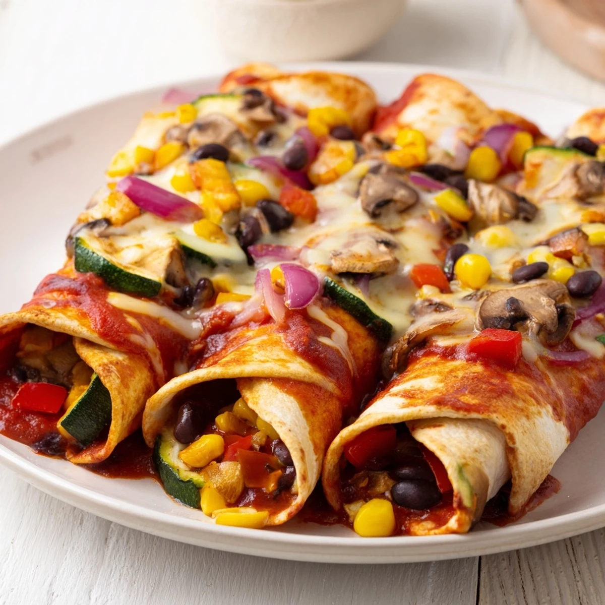 Delicious baked Farmers Market Vegetarian Enchiladas, covered in red sauce with optional avocado topping.