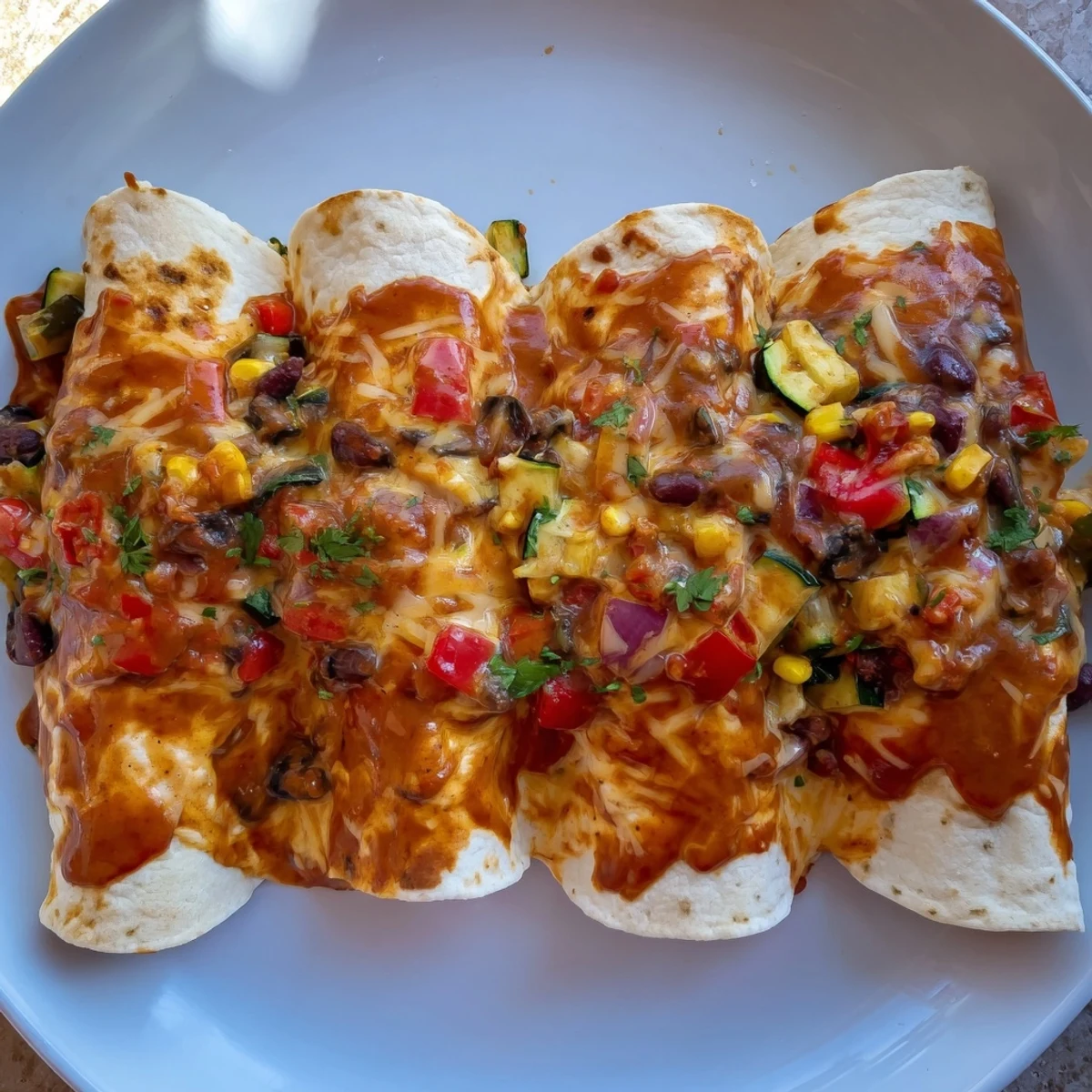Farmers Market Vegetarian Enchiladas bubbling with cheese and a vibrant, colorful vegetable filling.