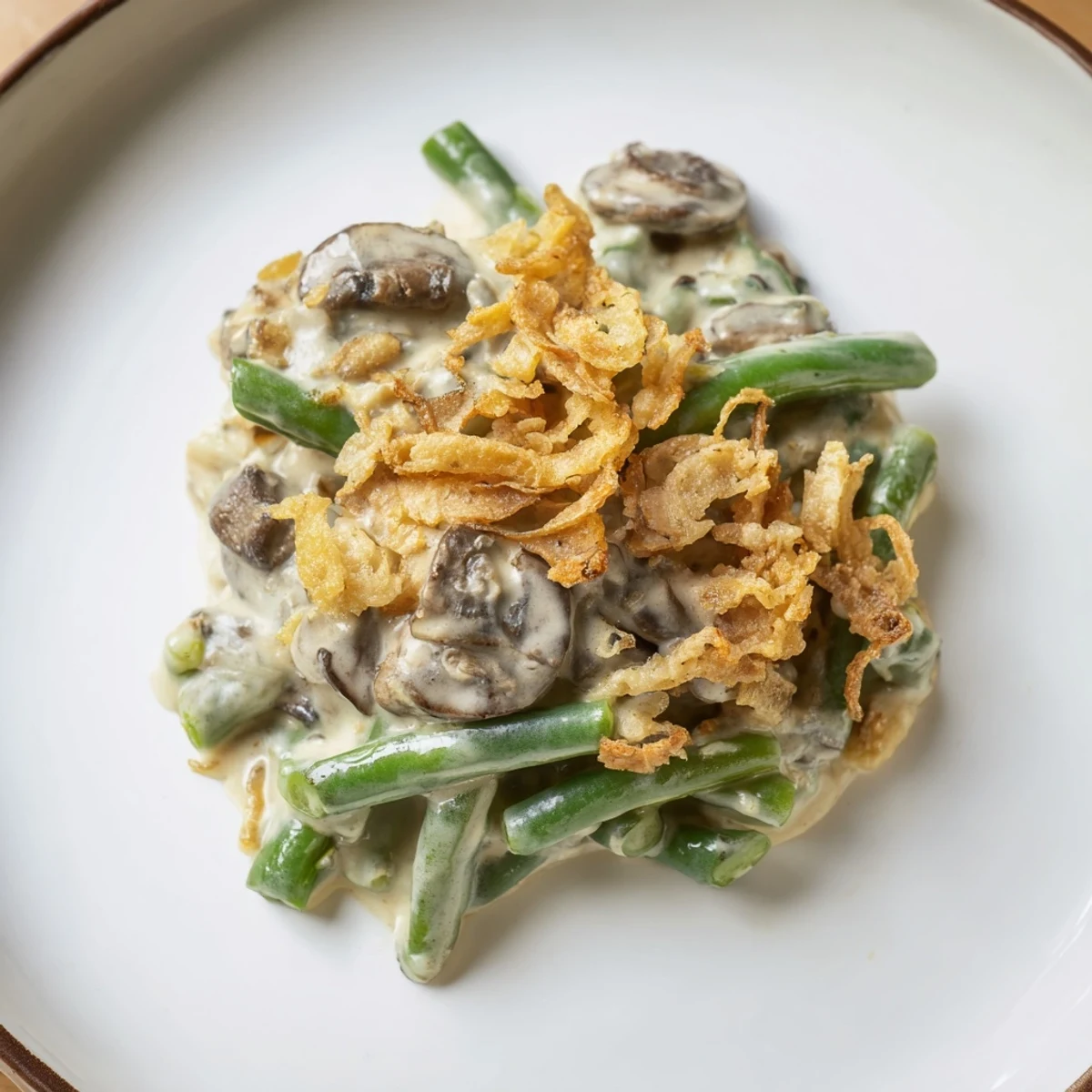 Creamy Old-School Green Bean Casserole with a crispy onion topping, perfect for Thanksgiving.