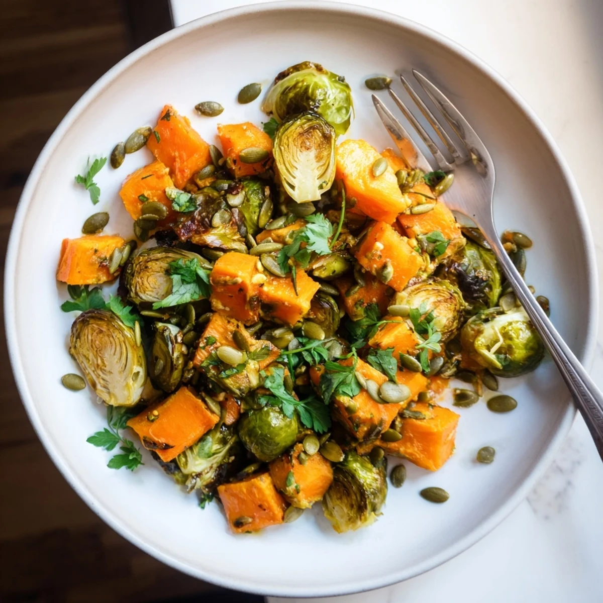 Golden-brown roasted Brussels sprouts and butternut squash with bright orange dressing; a perfect side.