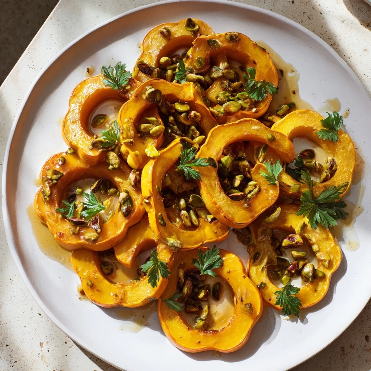 Golden brown Baked Delicata Squash Rings topped with crunchy pistachios, ready to serve.