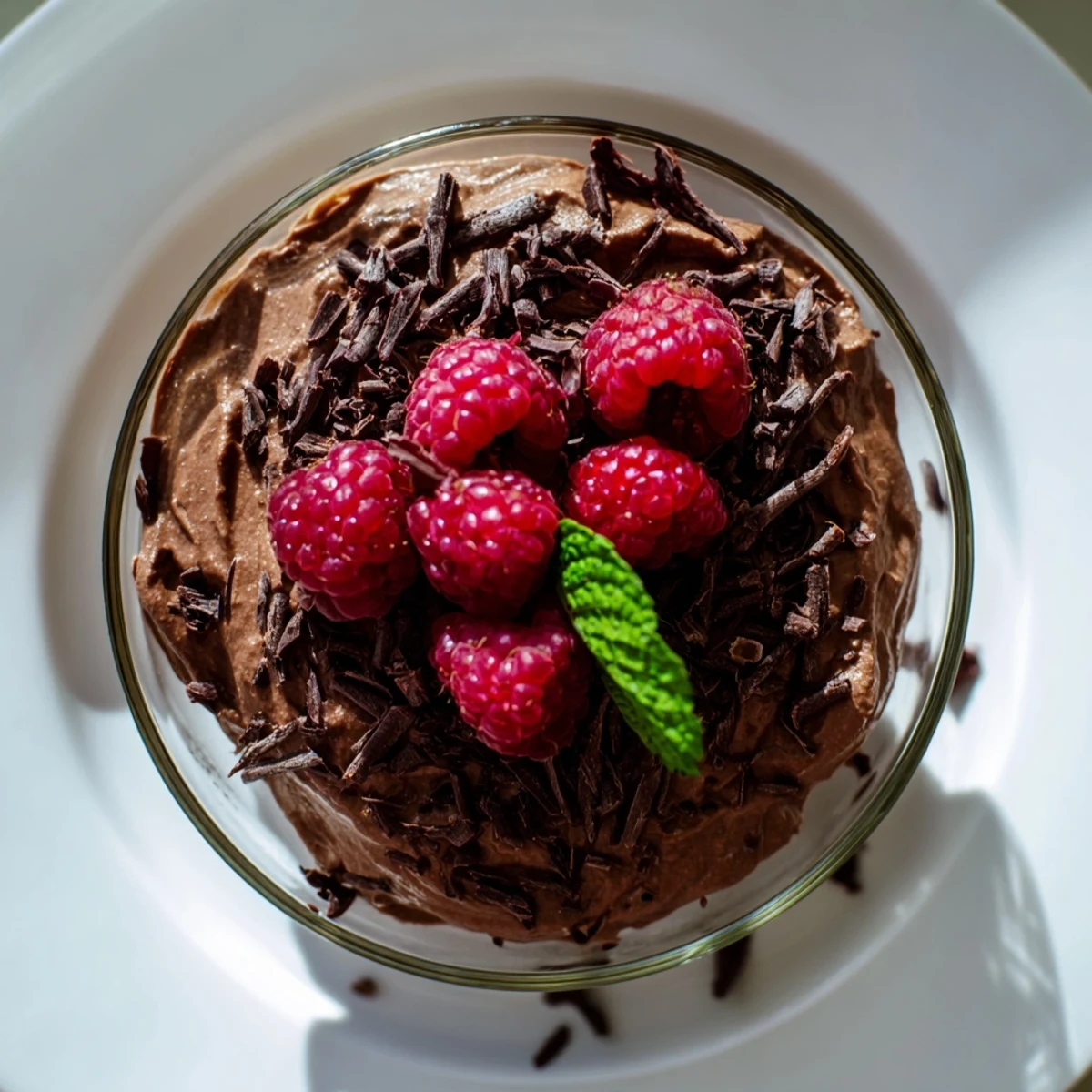 Silky avocado chocolate mousse, topped with vibrant red raspberries, inviting you to indulge.