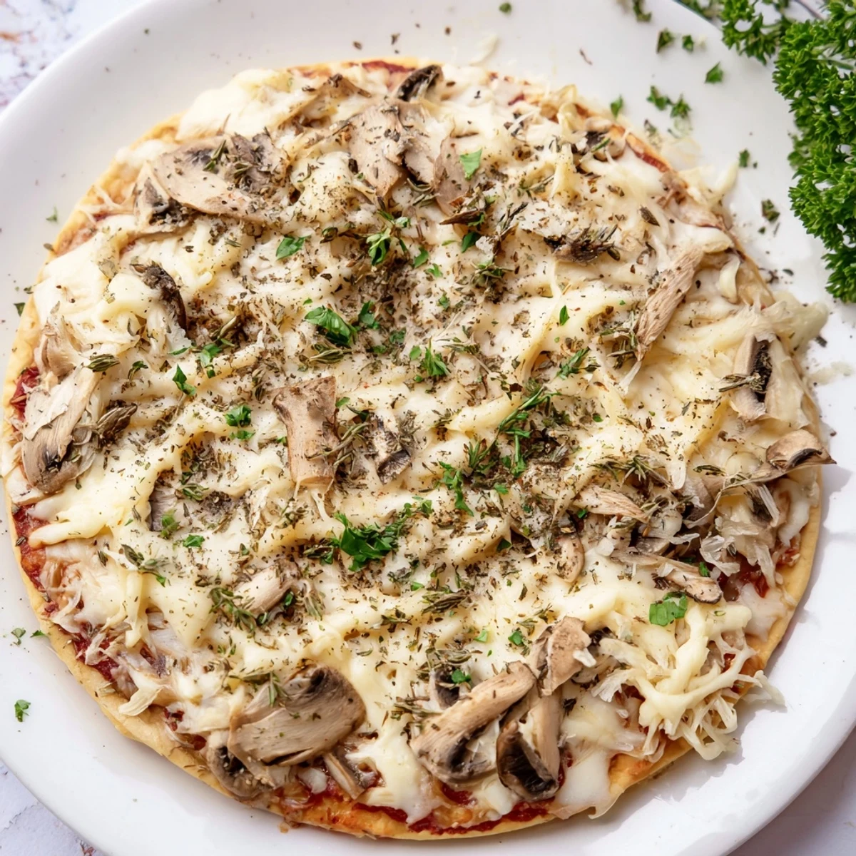 A close-up of a delicious frozen pizza upgrade with herbs and cheese, steaming hot and flavorful.