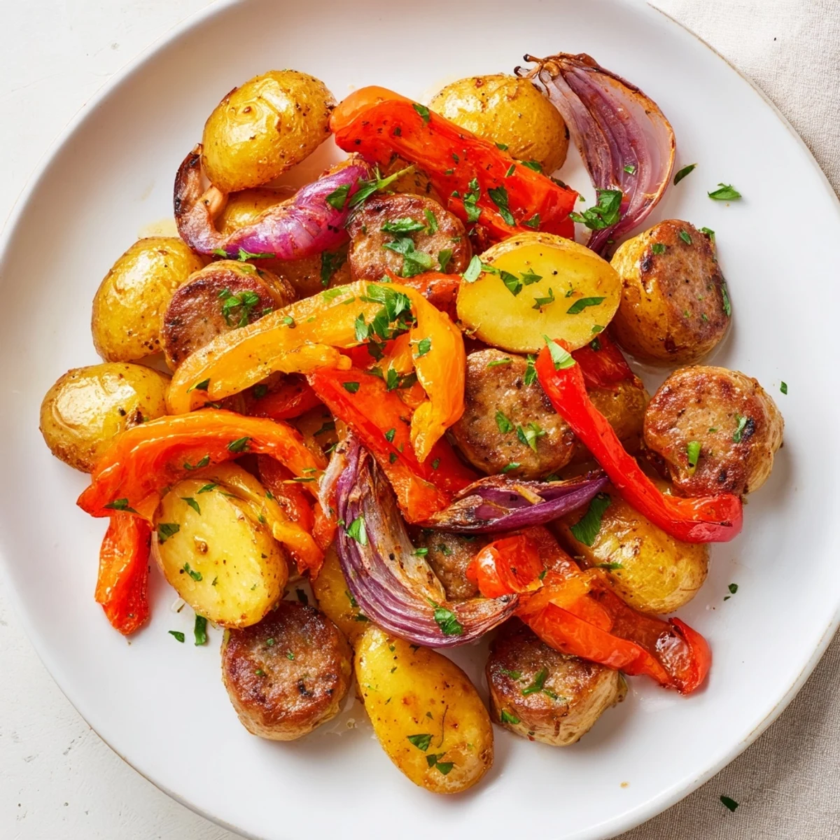 Sheet-Pan Sausage with Peppers showcases colorful roasted vegetables and sizzling, browned sausages, ready to eat.
