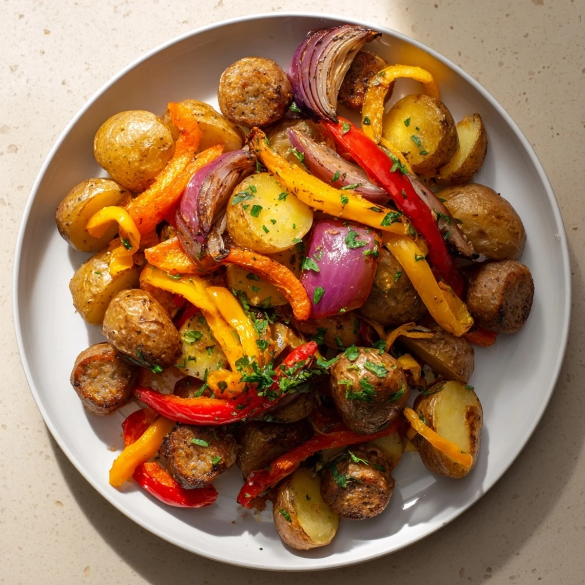 Golden roasted potatoes and Italian sausage shine in this Sheet-Pan Sausage with Peppers and onions dish.