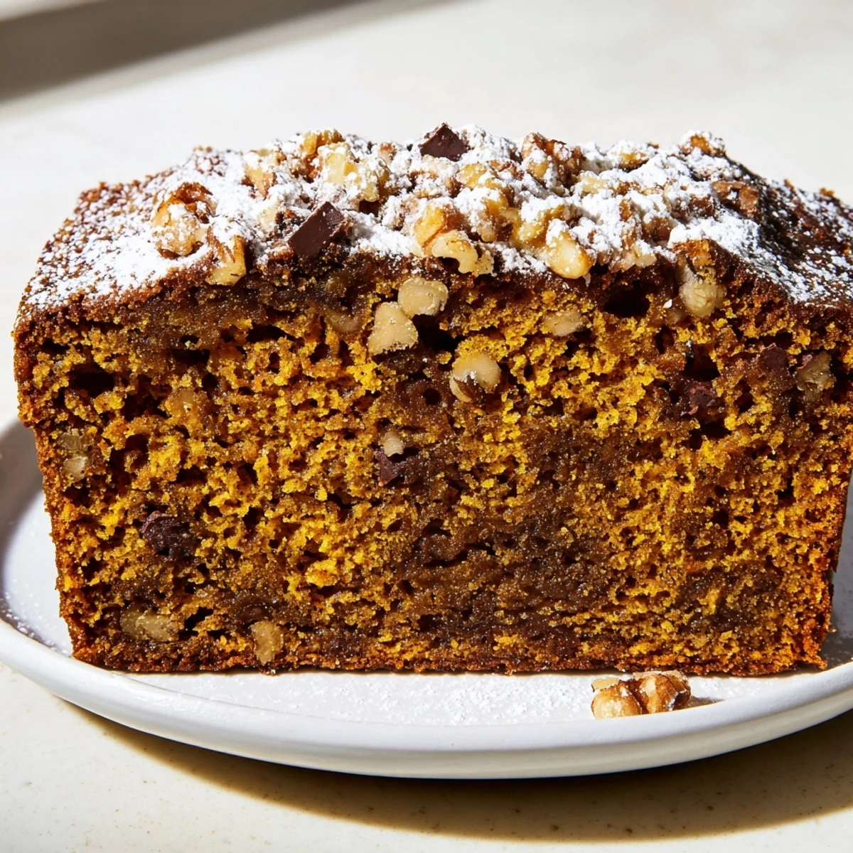 A warm slice of pumpkin bread, spiced with cinnamon and perfect for a fall dessert.
