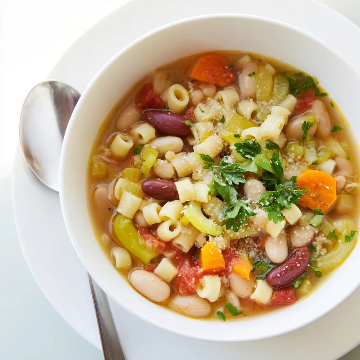 Steaming bowl of Pasta e Fagioli Soup, garnished with fresh parsley and Parmesan cheese, ready to warm you.