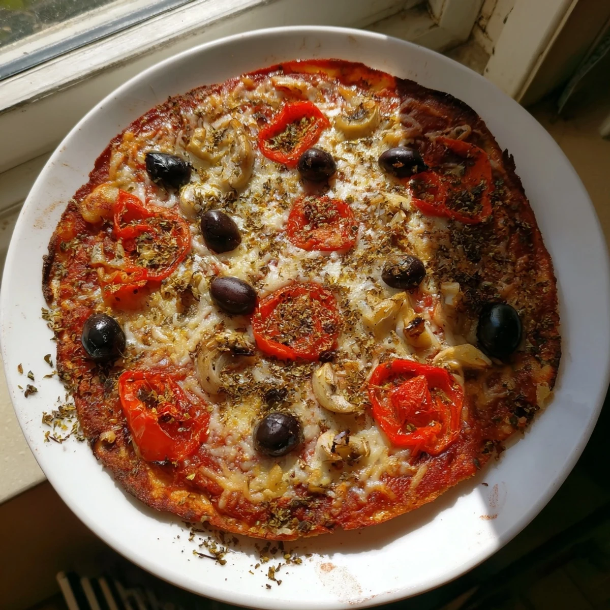 Golden, bubbly tortilla pizza with melted cheese and delicious pantry toppings, ready to eat.