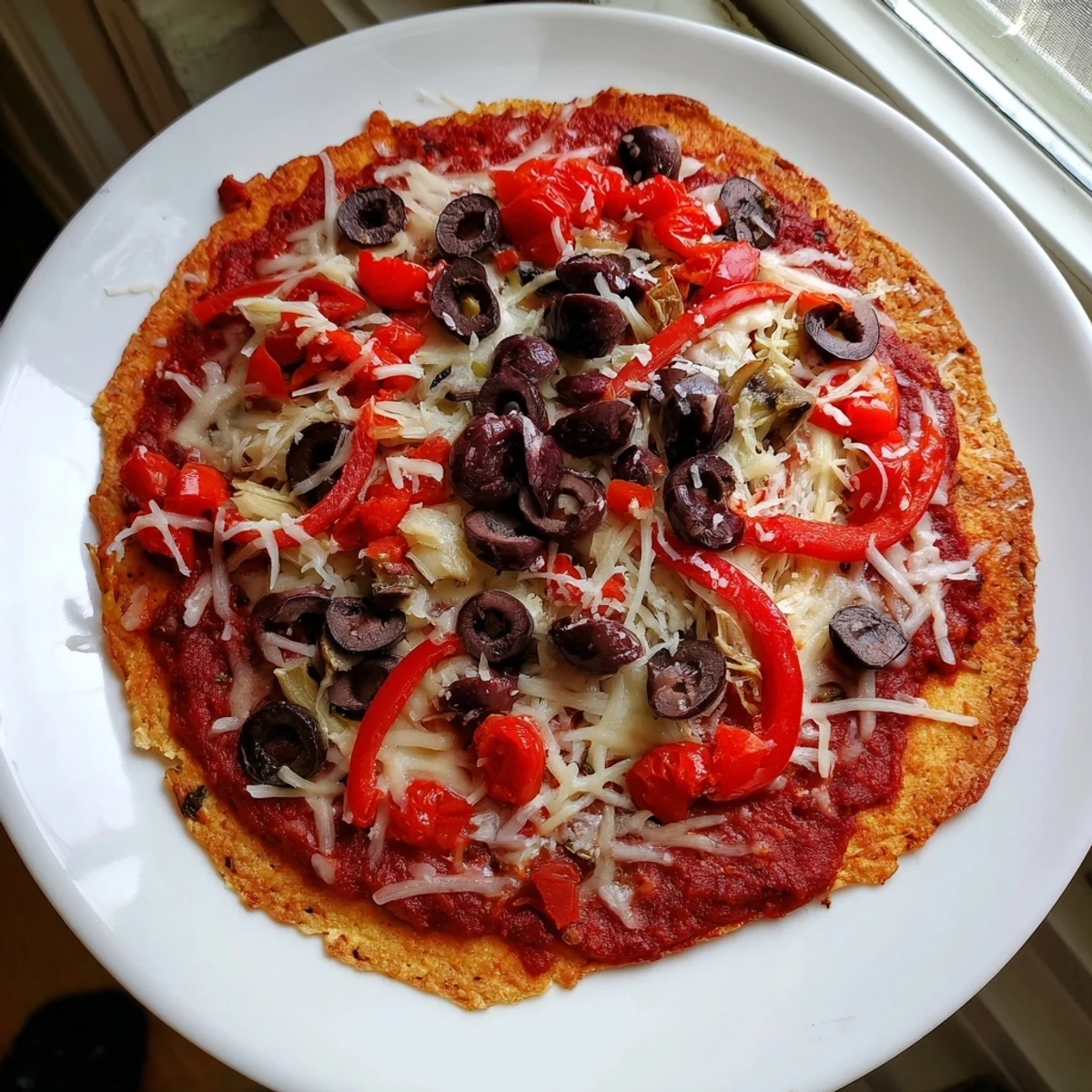 Close-up of a crispy tortilla pizza showcasing the fresh mozzarella and vibrant, flavorful toppings.