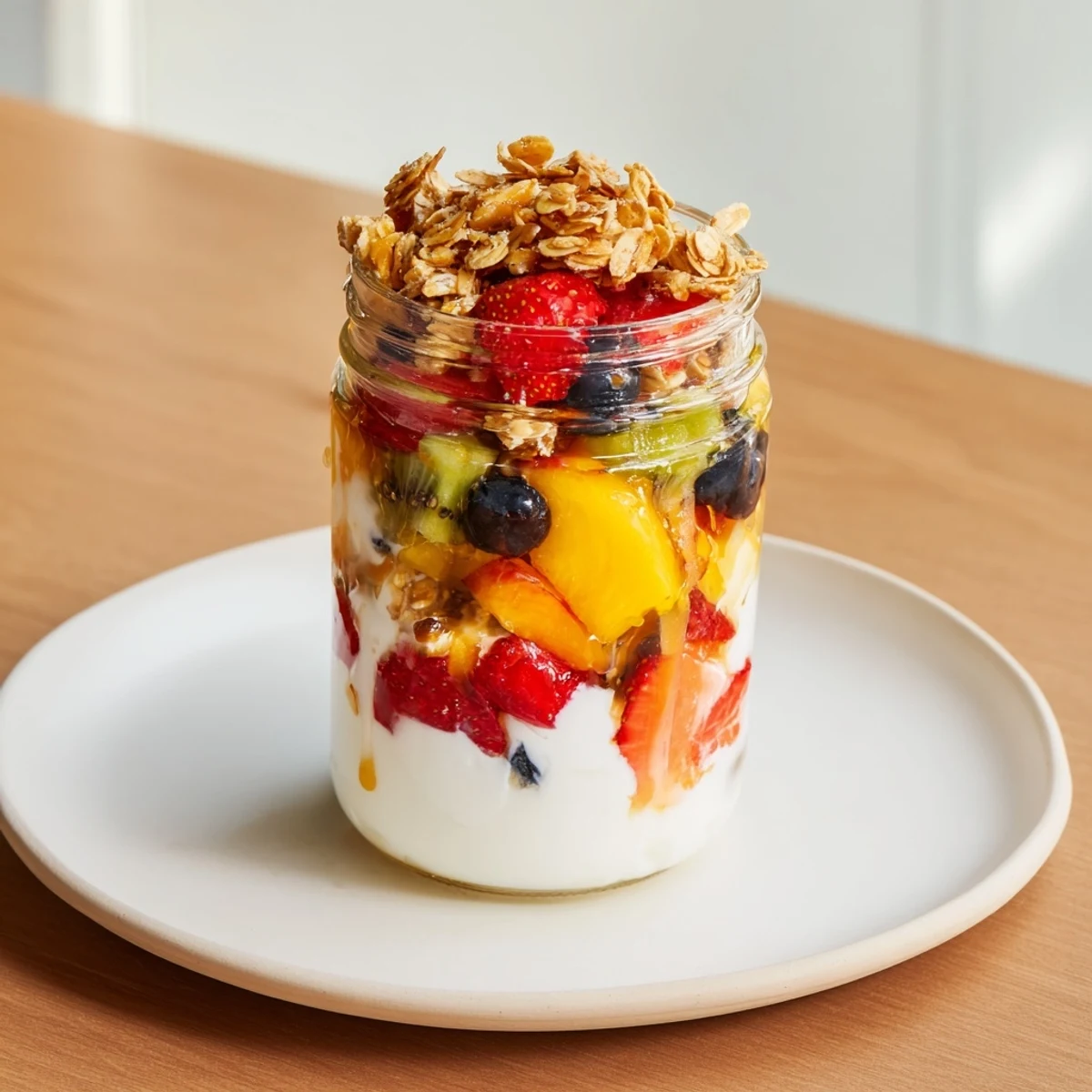 Vibrant Yogurt Parfait layers: creamy yogurt, fresh berries, crunchy granola, a tasty treat.