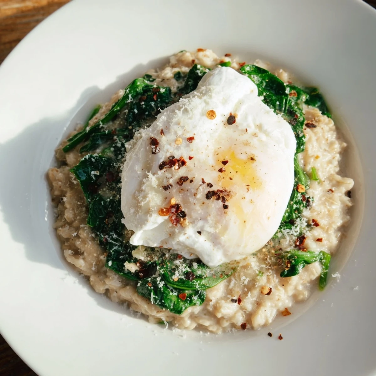This beautiful bowl of savory oatmeal offers a creamy texture and is garnished with fresh spinach.