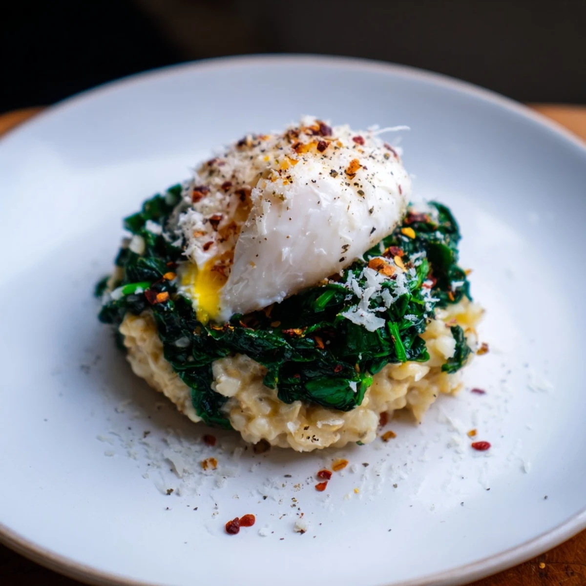 Savoury oatmeal topped with a glistening poached egg, sautéed spinach, and flakes of Parmesan cheese.
