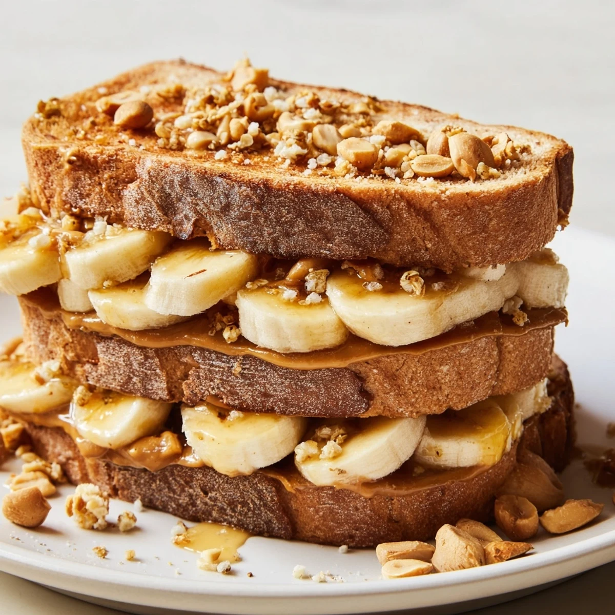 Close-up of a loaded peanut butter and banana sandwich, showcasing layers of delicious ingredients.