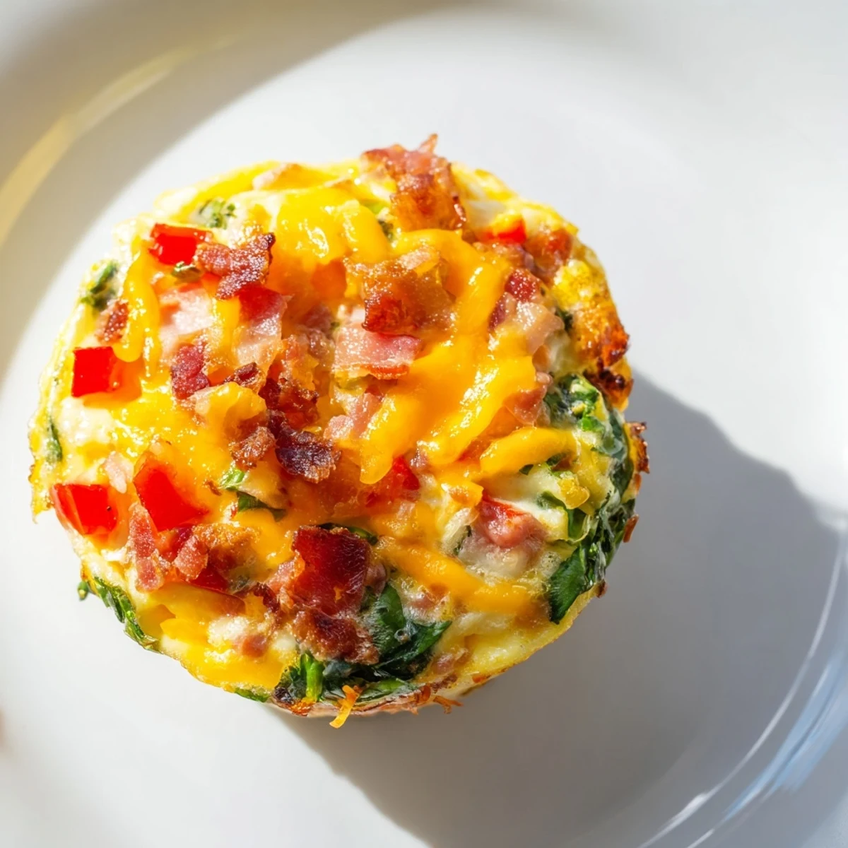 A close-up shot of delicious One-Pot Breakfast Casserole Muffins showing the fluffy eggs and colorful veggies.