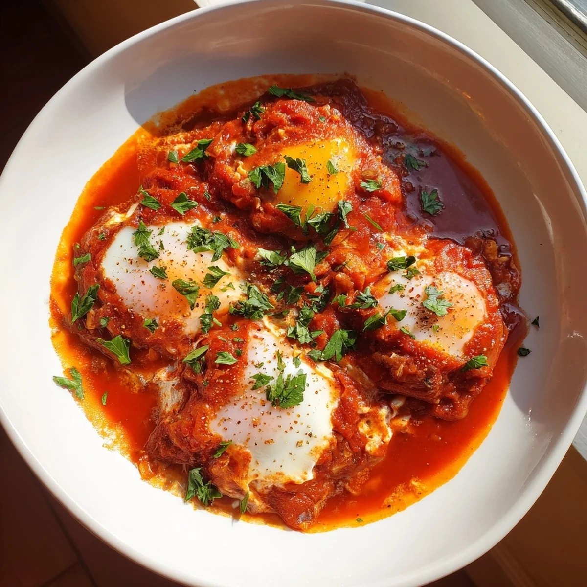 Vibrant Savoury Baked Eggs in Tomato Sauce, a hearty vegetarian brunch with runny yolks and fresh herbs.