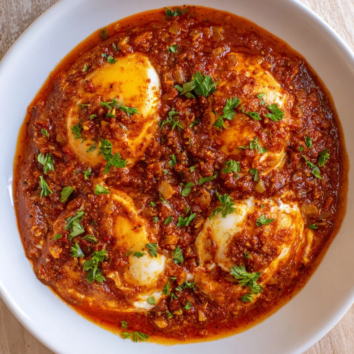 Beautifully baked Savoury Baked Eggs in Tomato Sauce, a Middle Eastern-inspired dish filled with rich tomato flavors.