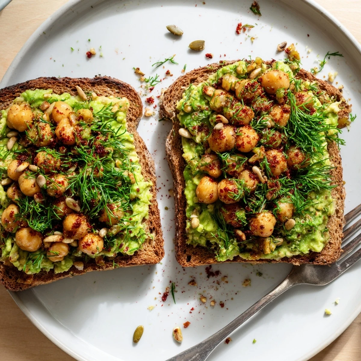 Toasted rustic bread topped with creamy avocado toast with chickpeas, herbs, and vibrant color.