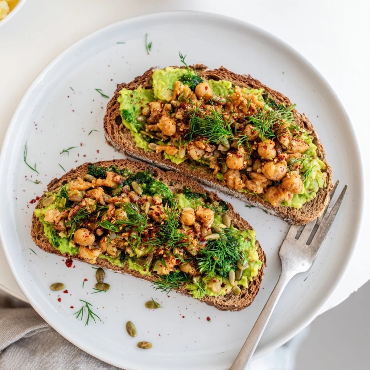 Close-up of a flavorful avocado toast with chickpeas, bursting with fresh herbs, ready to serve.