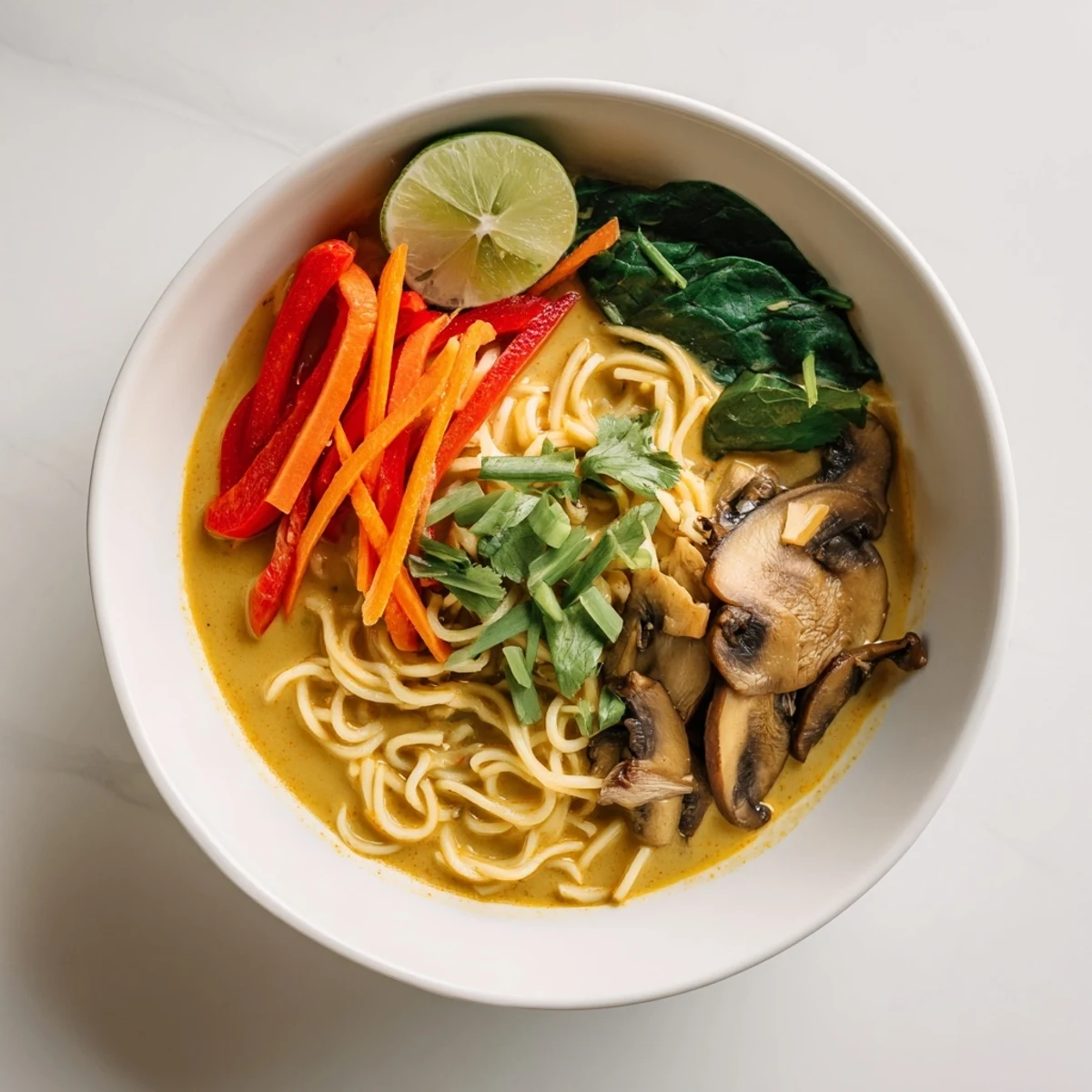 Steaming bowl of Curry Coconut Ramen, ready with fresh cilantro and lime wedges on top.