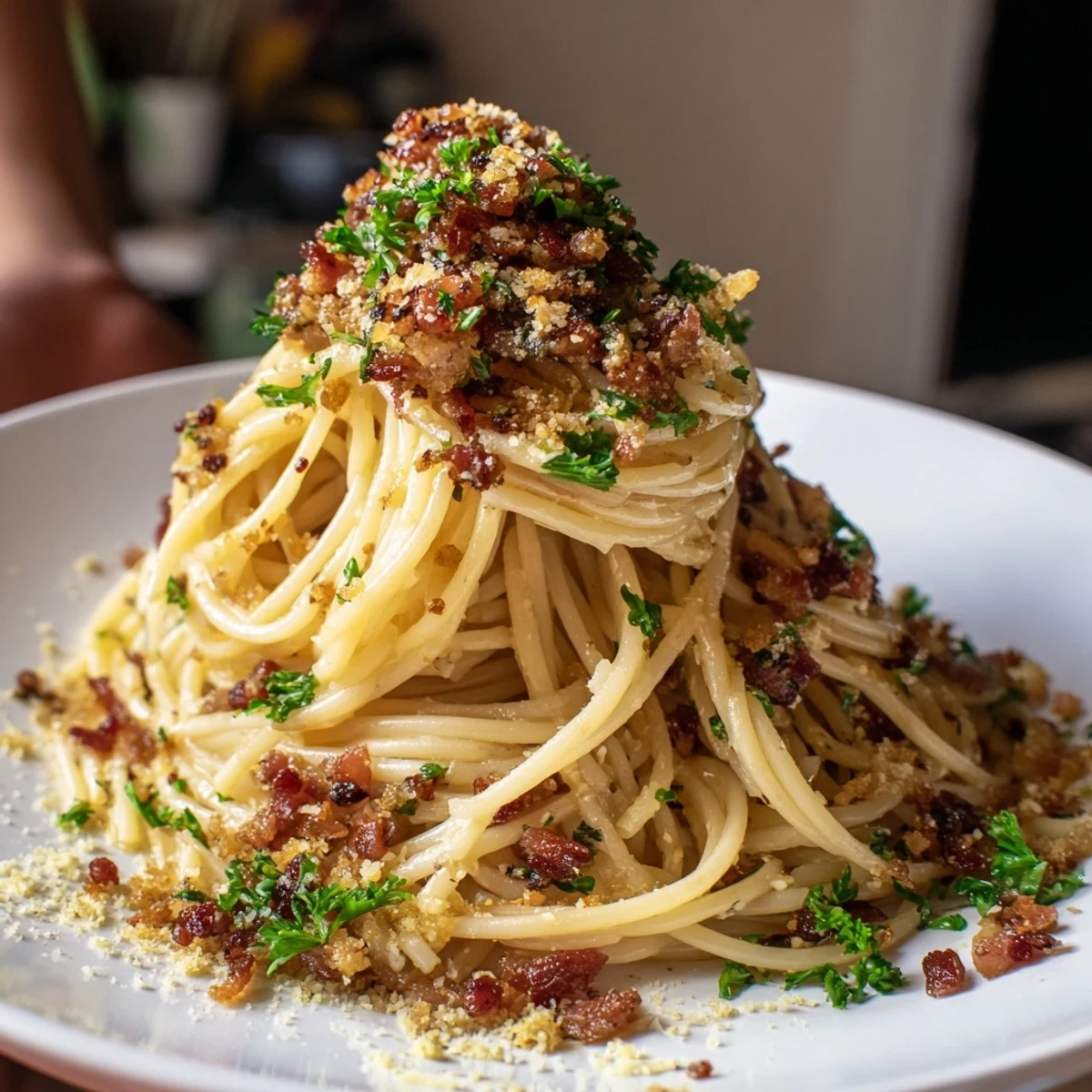 Golden Garlic Butter Pasta with crispy bacon, garnished with parsley, ready for serving.