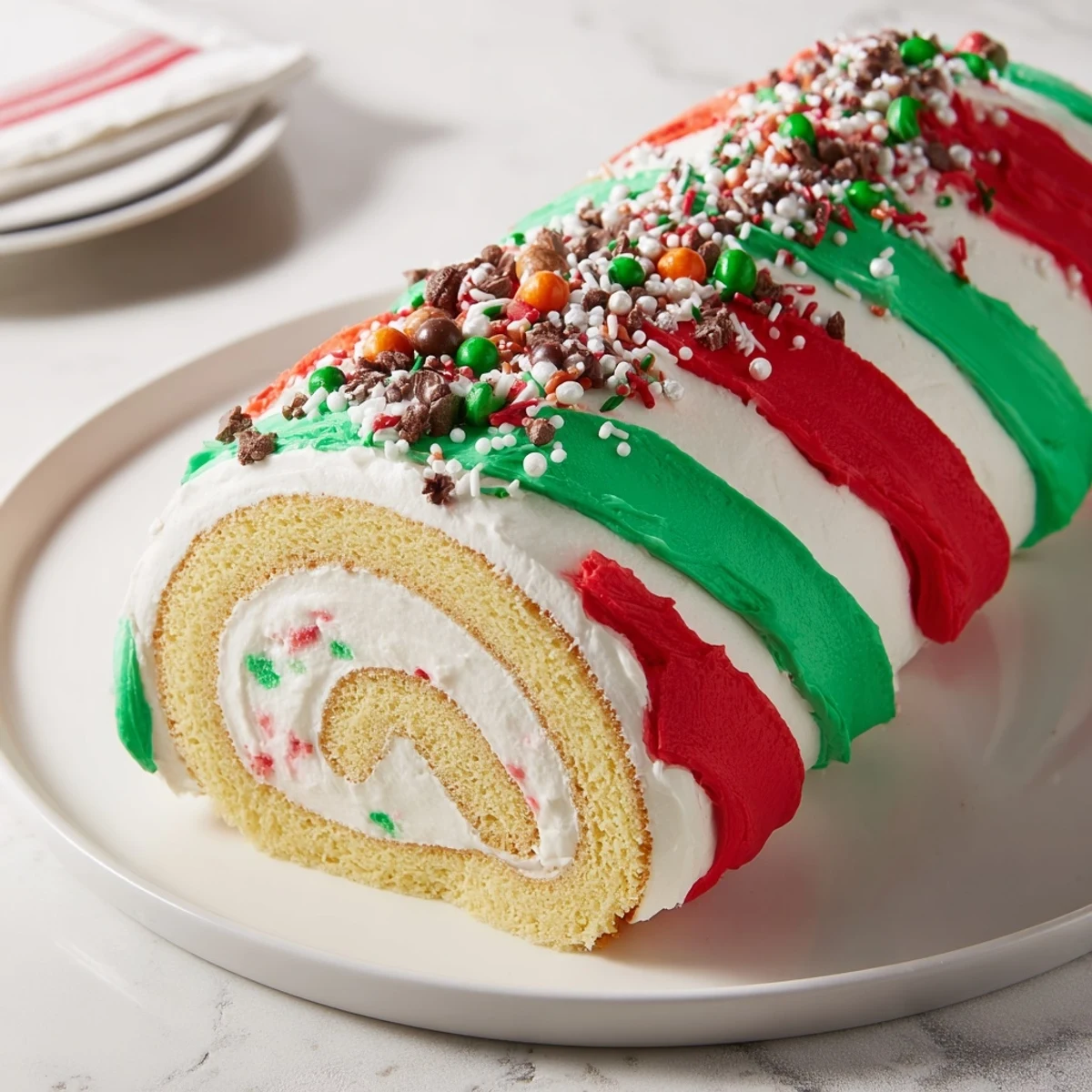 Festive Ugly Sweater Cake Roll decorated with colorful frosting and playful holiday sprinkles; a delicious dessert.